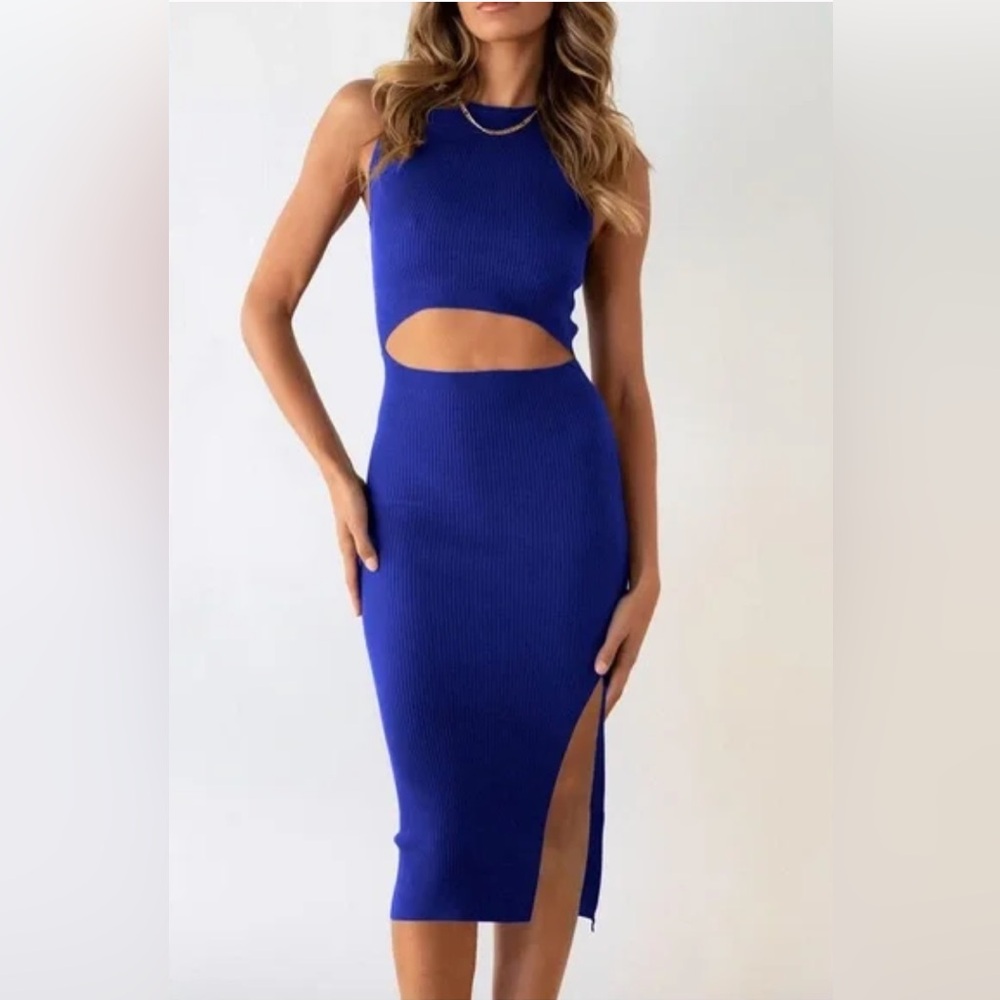PrettyGarden Blue Ribbed Key Hole Dress with side slit